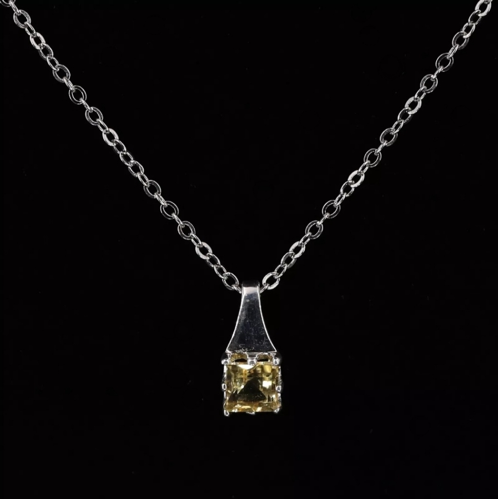 Sterling Silver 925 Princess-Cut Citrine Solitaire Pendant 21" Necklace 2.5 gram - Picture 2 of 6